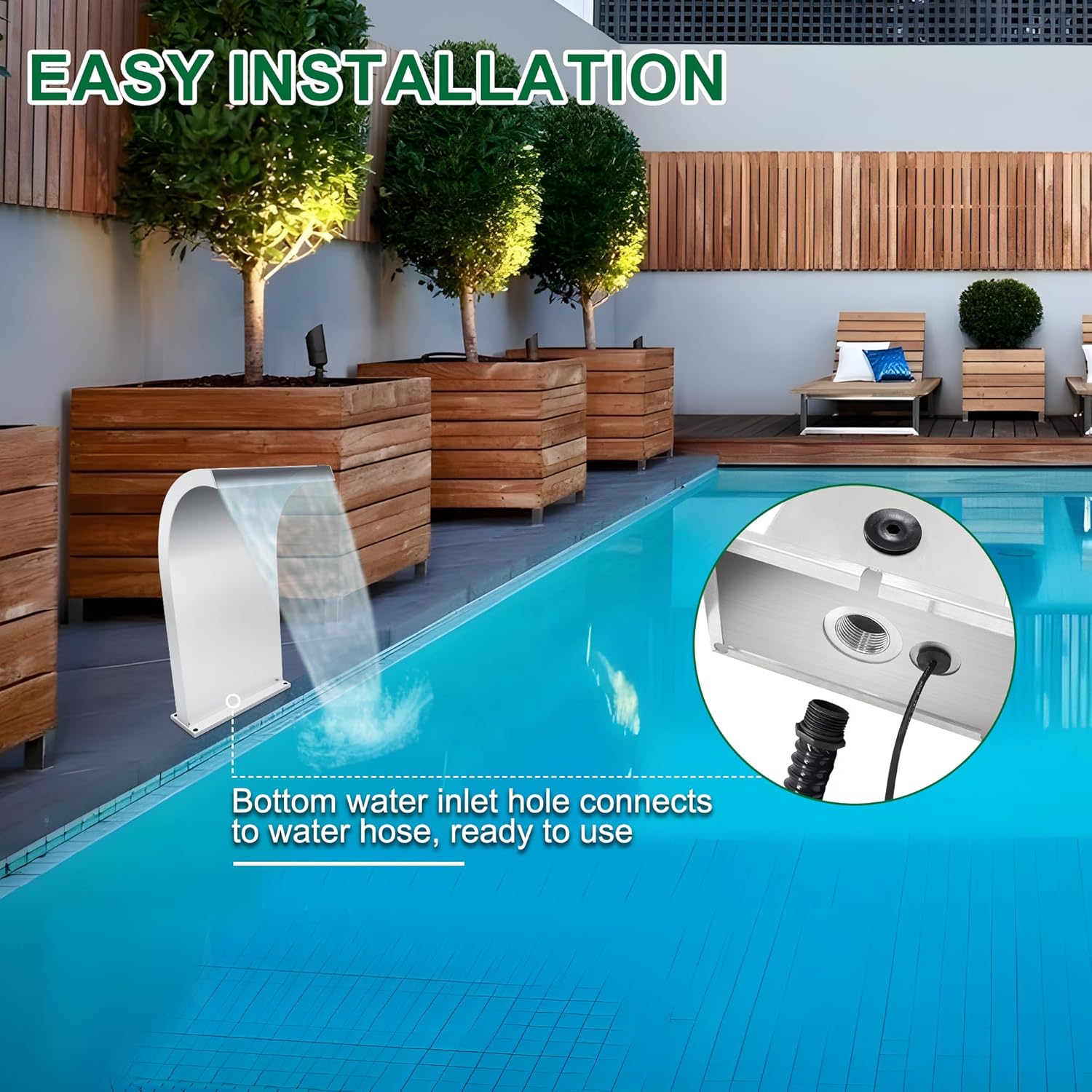 S-Shape Waterfall Spillway Ground Pool Fountain, LONGRUNNEW 304 Stainless Steel Outdoor Water Feature 24.13'' x 9.37'' x 15.39'' for Garden Decor, Landscape Accents & Patio Pond Water Feature-Large