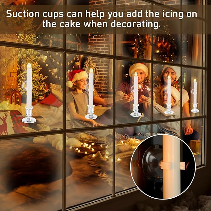 8 Pack Christmas Window Candles, Battery Operated with Timer Remote, LED with Candle Holders Suction Cups, Flickering for Christmas Decorations, Silver