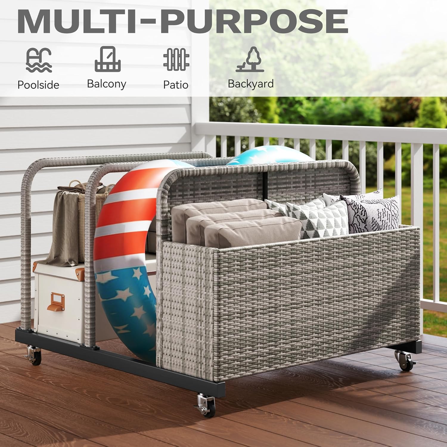 DWVO Pool Float Storage, Pool Storage Bin with PE Rattan,Pool Storage for cushions, Floaties, Noodles, Life Vests, Beach Balls, Patio Furniture (Grey)