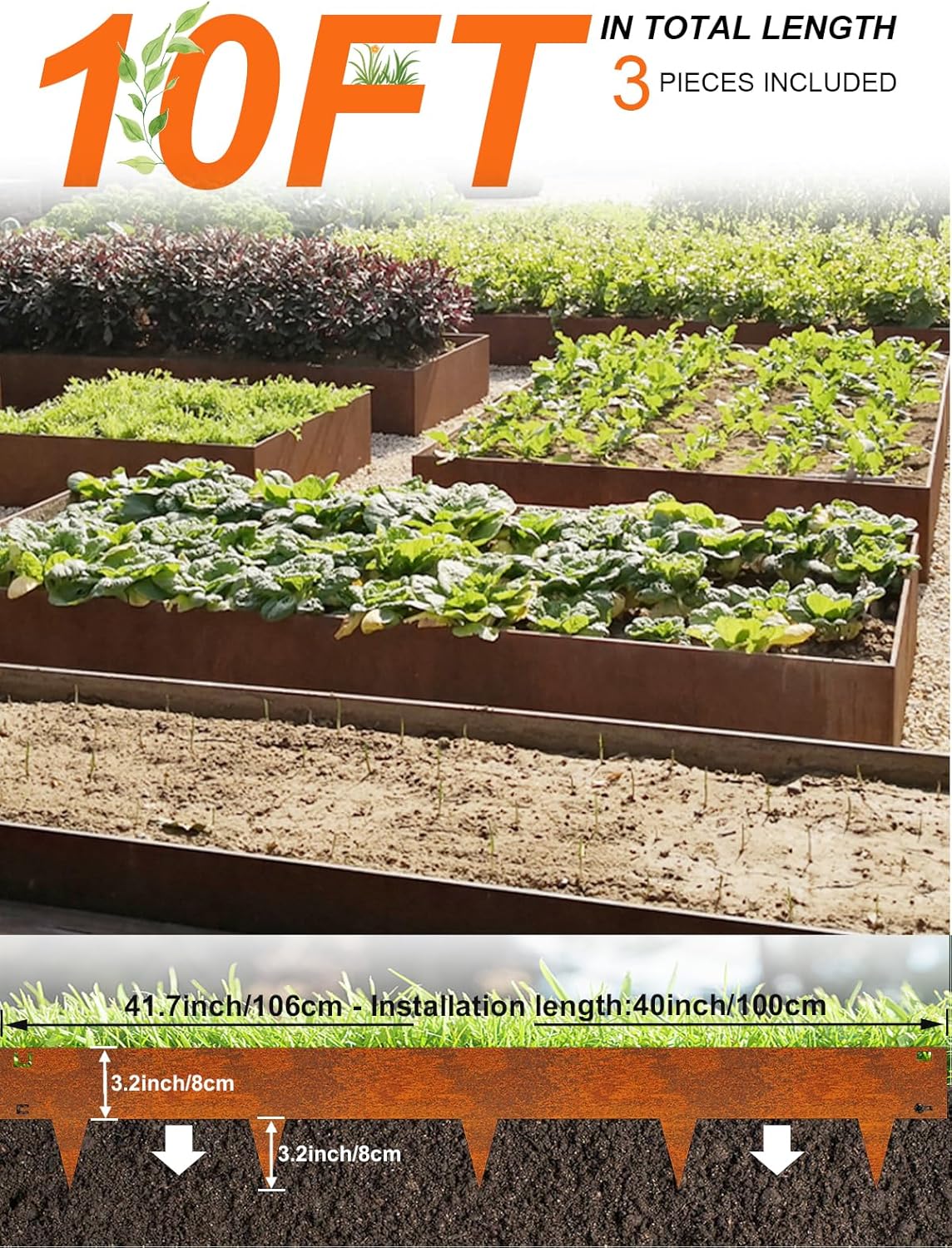 Vinci Landscape Edging Border, 40" L x 6" H 3Pack 10FT Total Rusted Corten Steel Garden Edging,Easy Installation,Sturdy Elegant Metal Lawn Broder for Flower Beds, Pathways, Paver Edges and Yard