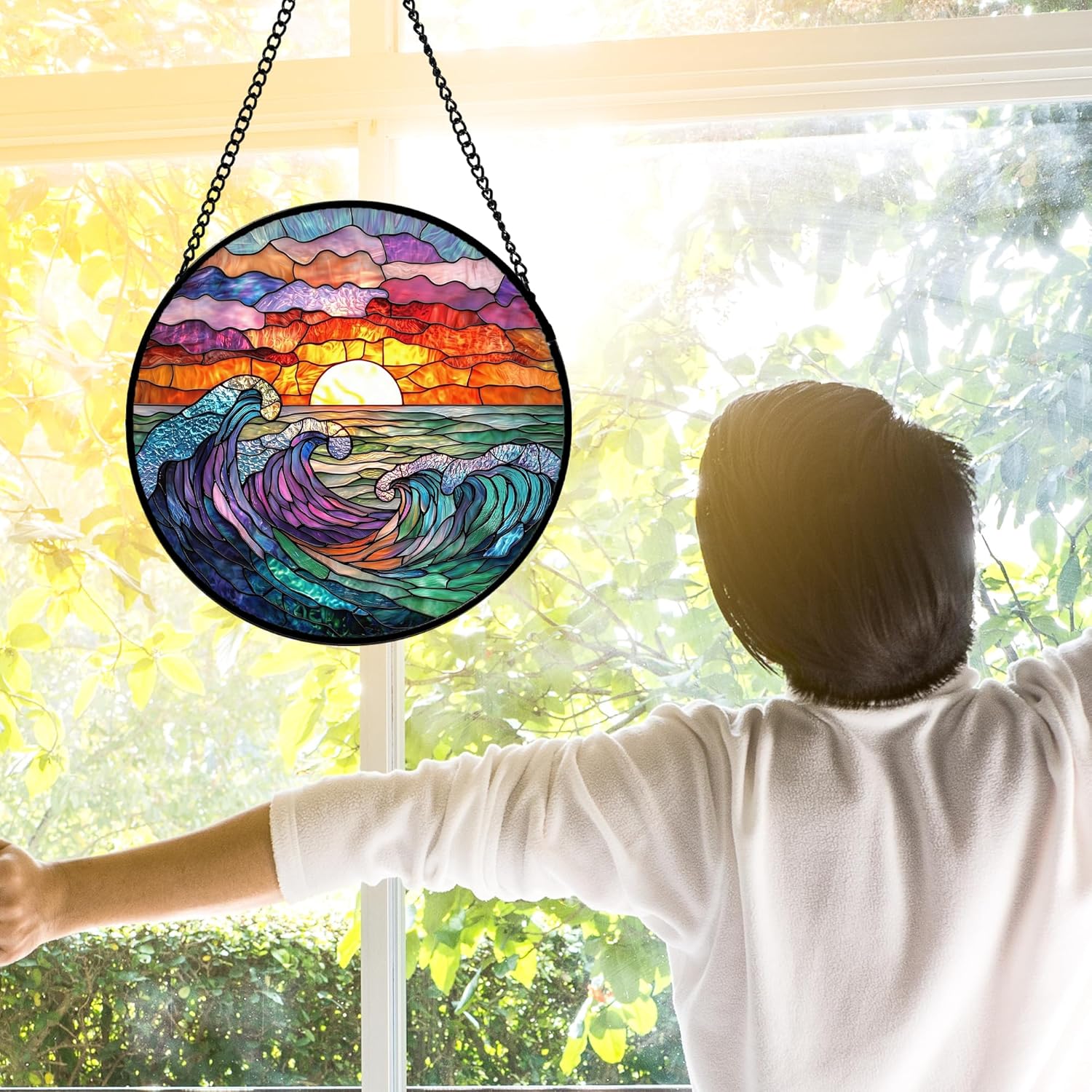 Stained Glass Window Hanging, Clouds and Sea Waves Suncatcher Diamond Glass Panel Hangings Scenery Sun Catchers Decor for Birthday for Women, Men, Wife, Aunt, and Mom 9.8 in