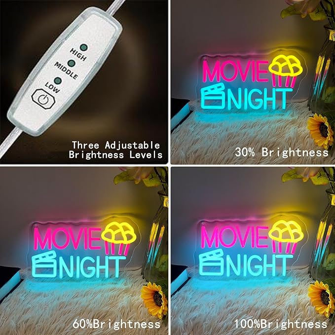 Movie Night Neon Sign With Popcorn Dimmable LED Neon Lights for Wall Decor USB Powered Light Up Signs for Bedroom Living Room Cinema Film Room Man Cave Home Bar Wedding Birthday Party
