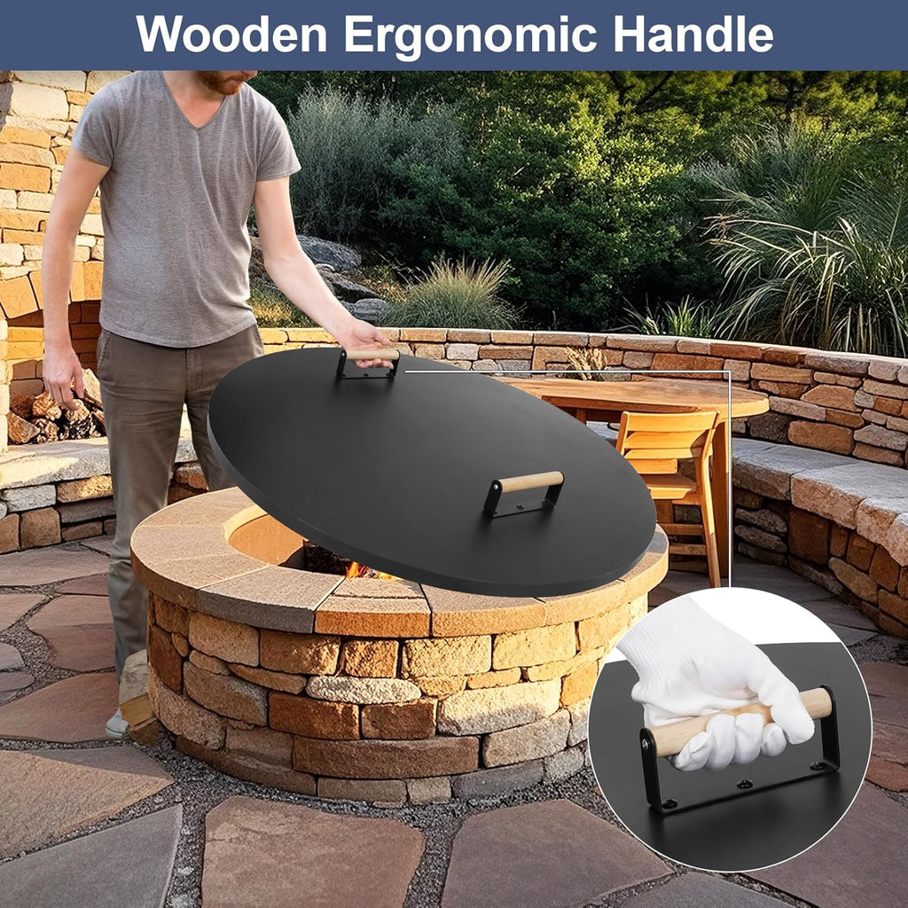 1MORE Fire Pit Lid Round 36" - Metal Firepits Cover with Wooden Handles for Patio Firepits,Rust Resistant 1.5mm Fire Pits Metal Lid, Firepits Accessory, Fire Pits Cover Round, All-season Protective