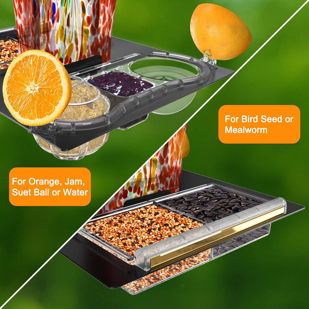 LUJII 6-in-1 Solar Bird Feeder with RGB String Lights, Hand Blown Glass, 2 Removable Trays for Bird Seed, Suet Ball, Mealworm, Oriole Orange Fruit, Jelly or Water, Red