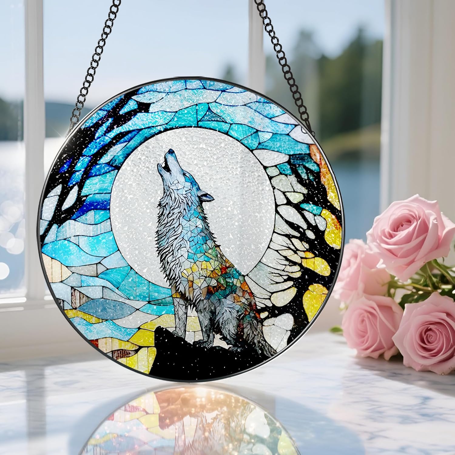 Stained Glass Window Hanging, Stained Glass Suncatcher, Wolf Sun Catcher, Window Decor, Wolf Lover Gift, Gifts for Fathers Day, Christmas or Birthday Gift, Gifts for Men Him Dad Grandfather Son