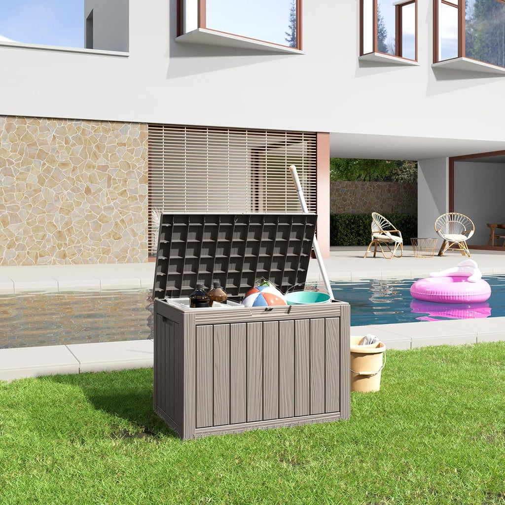 45 Gallon Resin Deck Box, Lockable Patio Outdoor Storage Box for Furniture, Garden Tools and Tools Storage, Waterproof Outside Storage Boxes - Grey