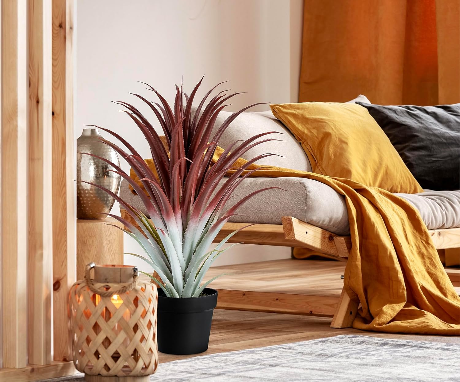 SUNPRAIRIE Hyper Realistic Big Red Artificial Aloe Vera Plant 26 Inches Tall. Large Faux Agave in Matte Black Pot.