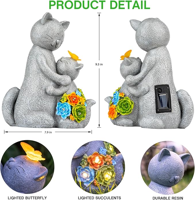 Solar Garden Statues Loving Cat Figurine Lights for Outside, Yard Decorations Outdoor, Garden Christmas Decor Unique Birthday Housewarming Gifts for Mom, Women