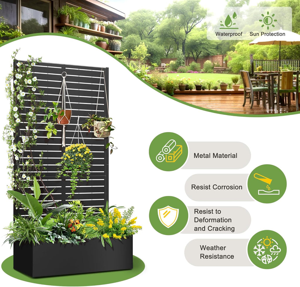 FENCY Metal Raised Garden Bed with Trellis, Metal Planter Box with Trellis, Garden Box for Climbing Plants Vegetable, 35" Lx16 Wx71 H Garden Bed with Drainage Holes(Black-Louvered)
