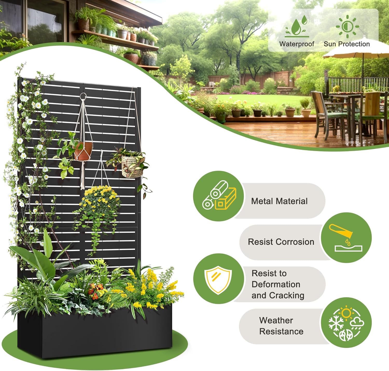 FENCY Metal Raised Garden Bed with Trellis, Metal Planter Box with Trellis, Garden Box for Climbing Plants Vegetable, 35" Lx16 Wx71 H Garden Bed with Drainage Holes(Black-Louvered)