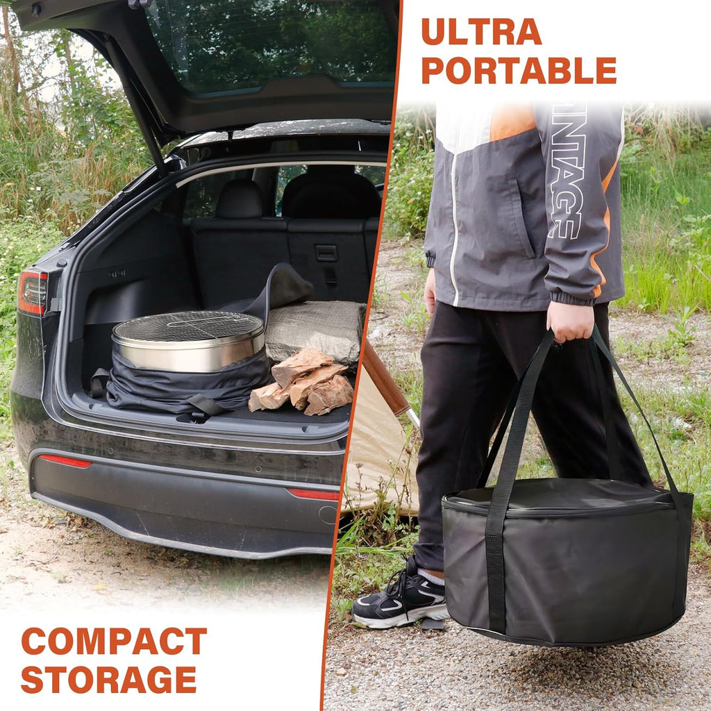 HGD 20 Inch Smokeless Firepit with Grill, Portable Wood Burning Fire Pit for Camping & Backyard, Stainless Steel Outdoor Fireplace with Travel Bag, Easy Setup & Compact Storage - Foldable Design