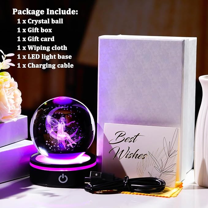 YWHL 3D Crystal Moon Figurine with Colorful LED Base, Laser Fairy Gifts for Women Girls on Christmas Birthday, Glass Globe Decorative Ball for Fairy Lovers Home Decor (80mm)