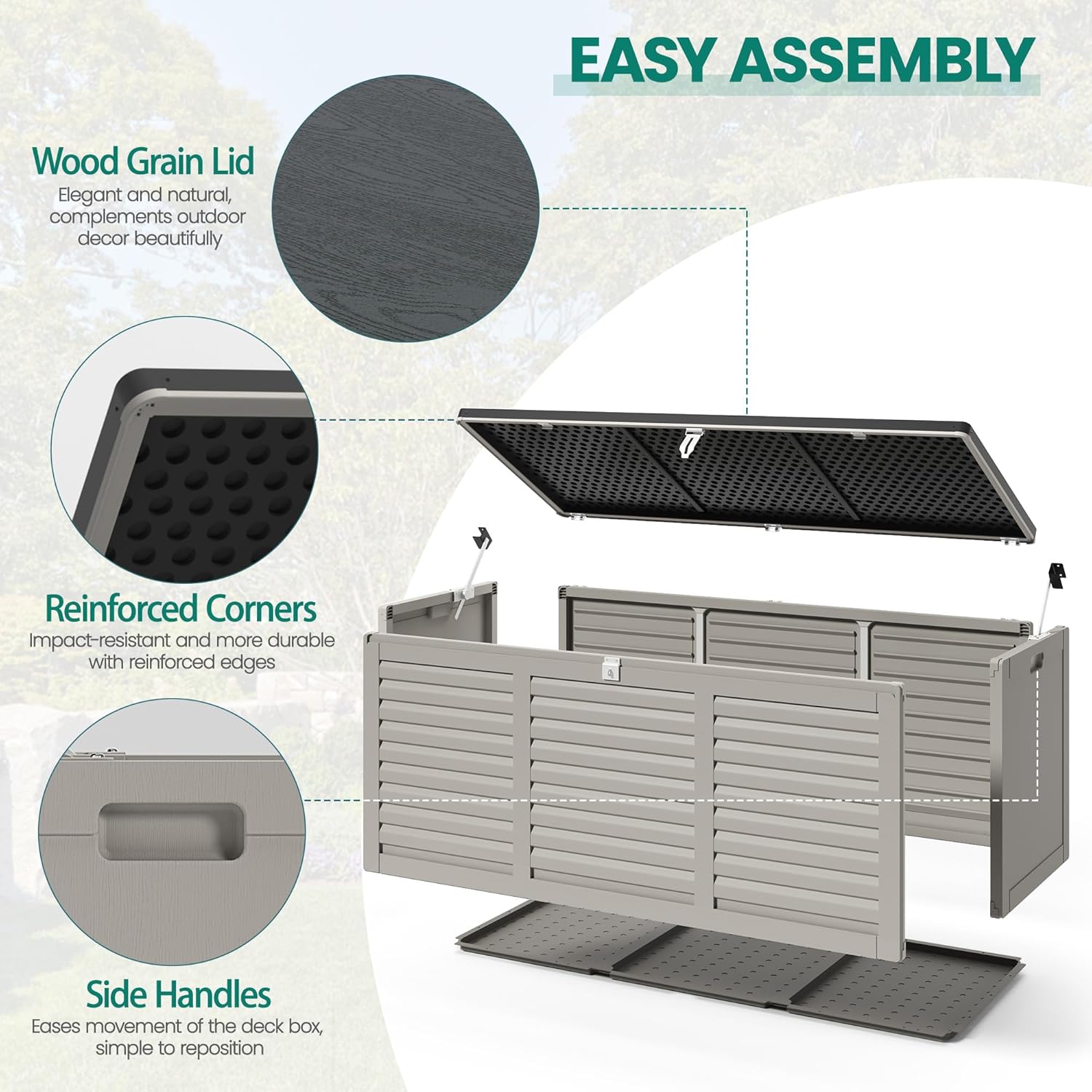 130 Gallon Outdoor Deck Box, Waterproof Resin Box with Lockable Lid, UV-Resistant for Cushions, Garden Tools & Pool Accessories (GRAY), Patio Furniture