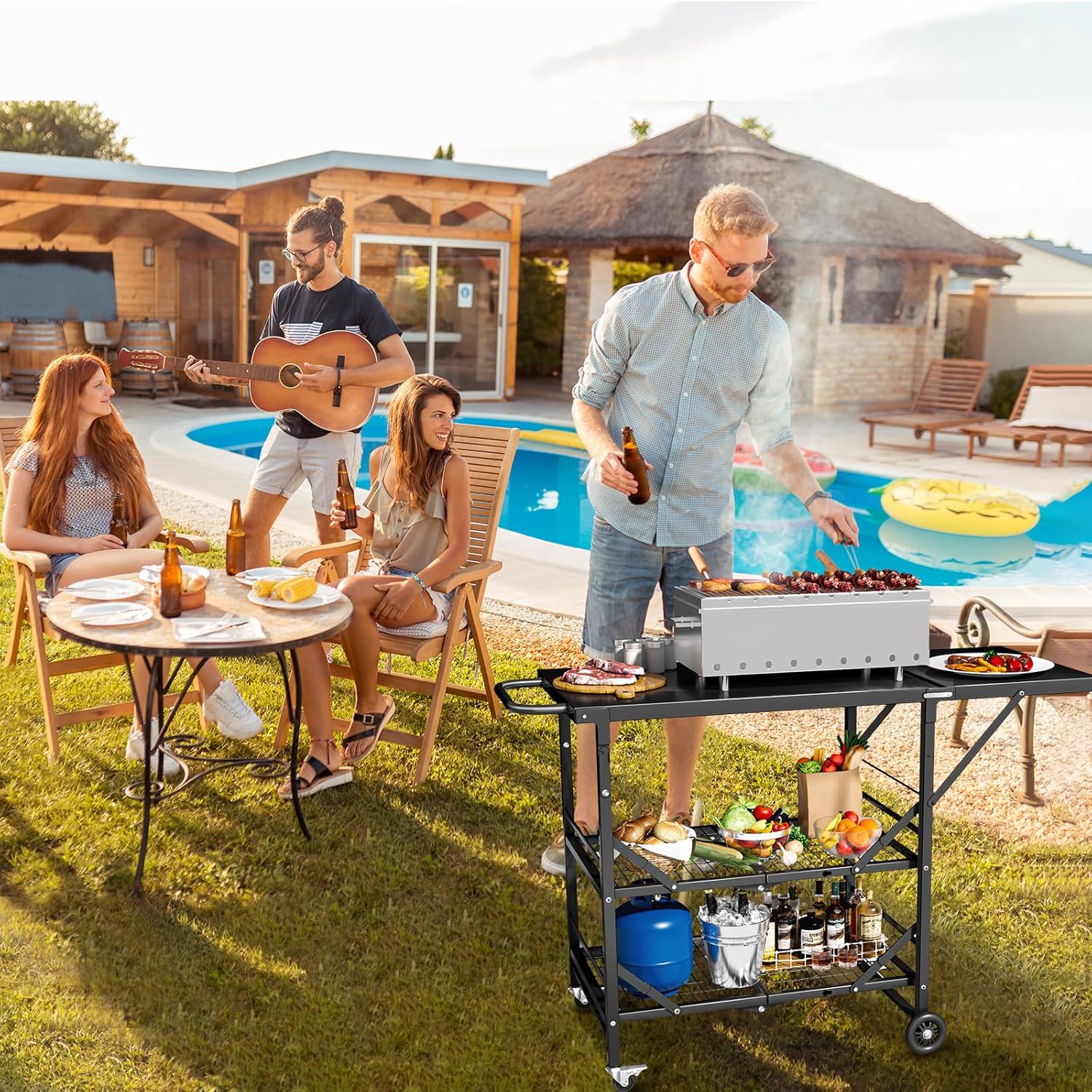 Himix Folding Grill Cart, 3 Tier Outdoor Grill Table with Side, 4 Hooks, Pizza Oven Cooking Prep Table, Portable Outdoor Bar Cart Grill Station