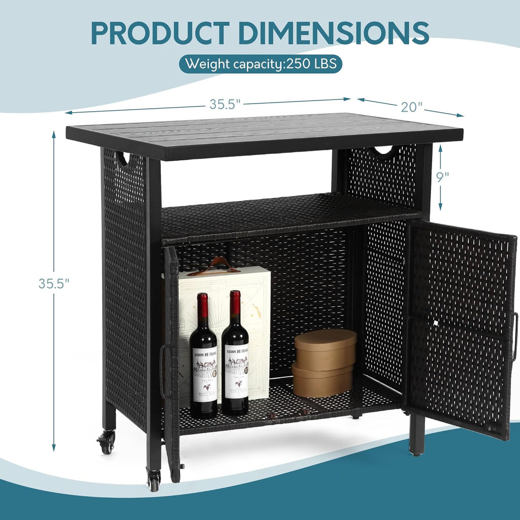 Outdoor Indoor Storage Cabinet with Rolling Wheels, Patio Serving Cart with Bar Table and Wicker Cabinet, Kitchen Island Prep Table, Black