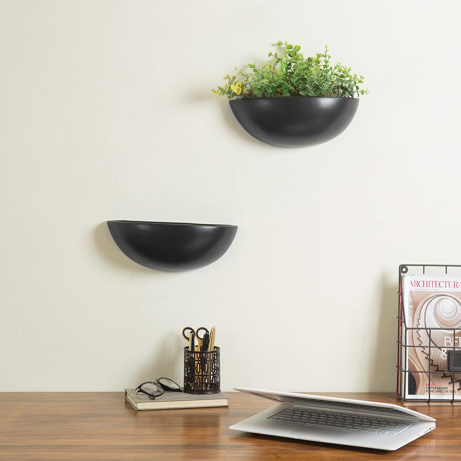 MyGift Matte Black Ceramic Indoor Wall Planter, 12 Inch Semi Circle Hanging Wall Vase, Set of 2