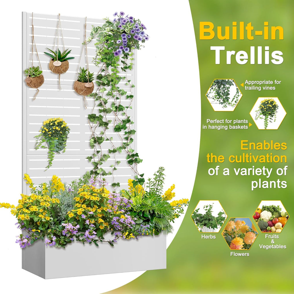 FENCY Metal Raised Garden Bed with Trellis, Metal Planter Box with Trellis, Garden Box for Climbing Plants Vegetable, 35" Lx16 Wx71 H Garden Bed with Drainage Holes(White-Louvered)