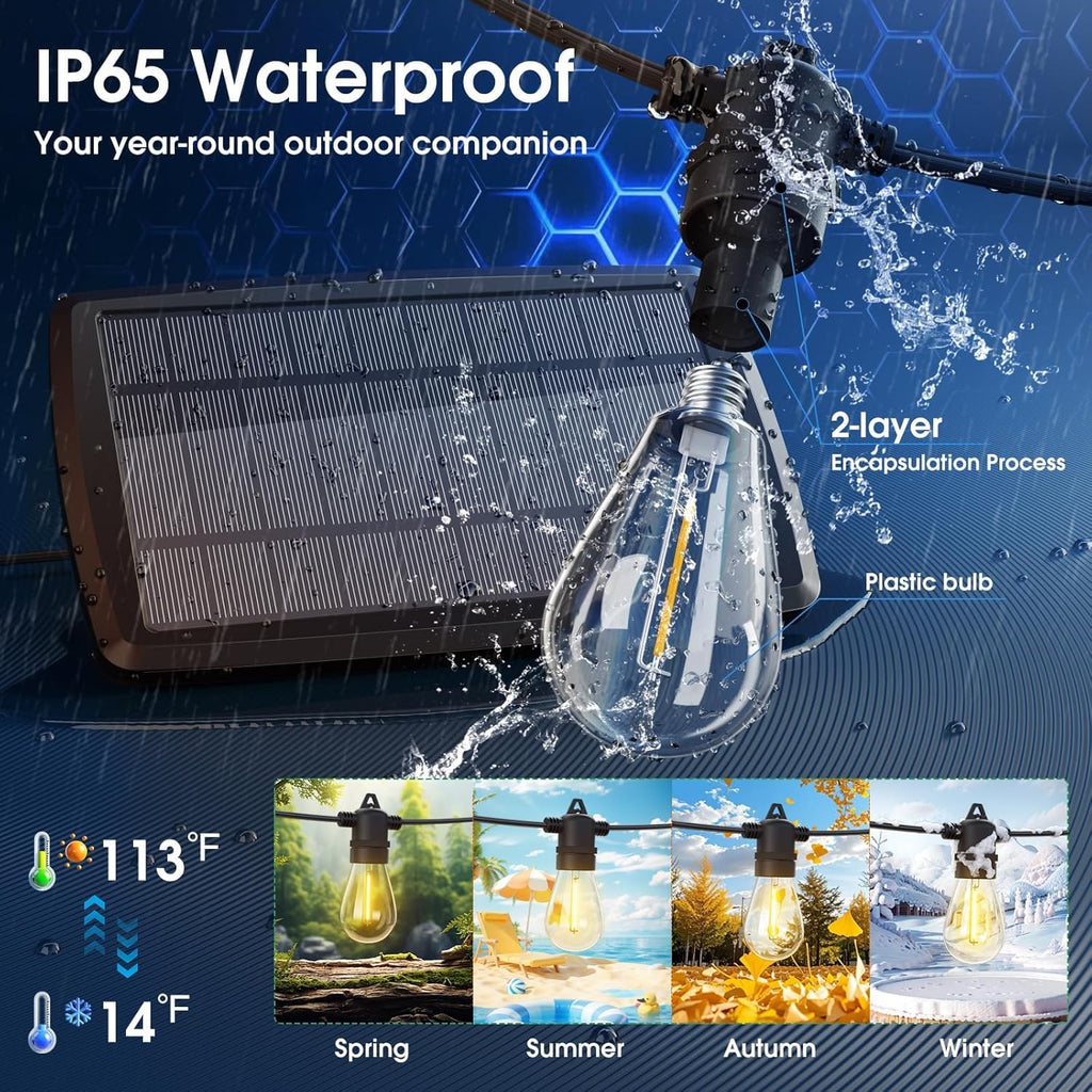 KYY 102FT(96+6) Solar String Lights Outdoor with USB Port Remote Control, LED Waterproof Solar Powered Patio with 32 Sockets, Heavy-Duty and UL Listed Porch Market Lights