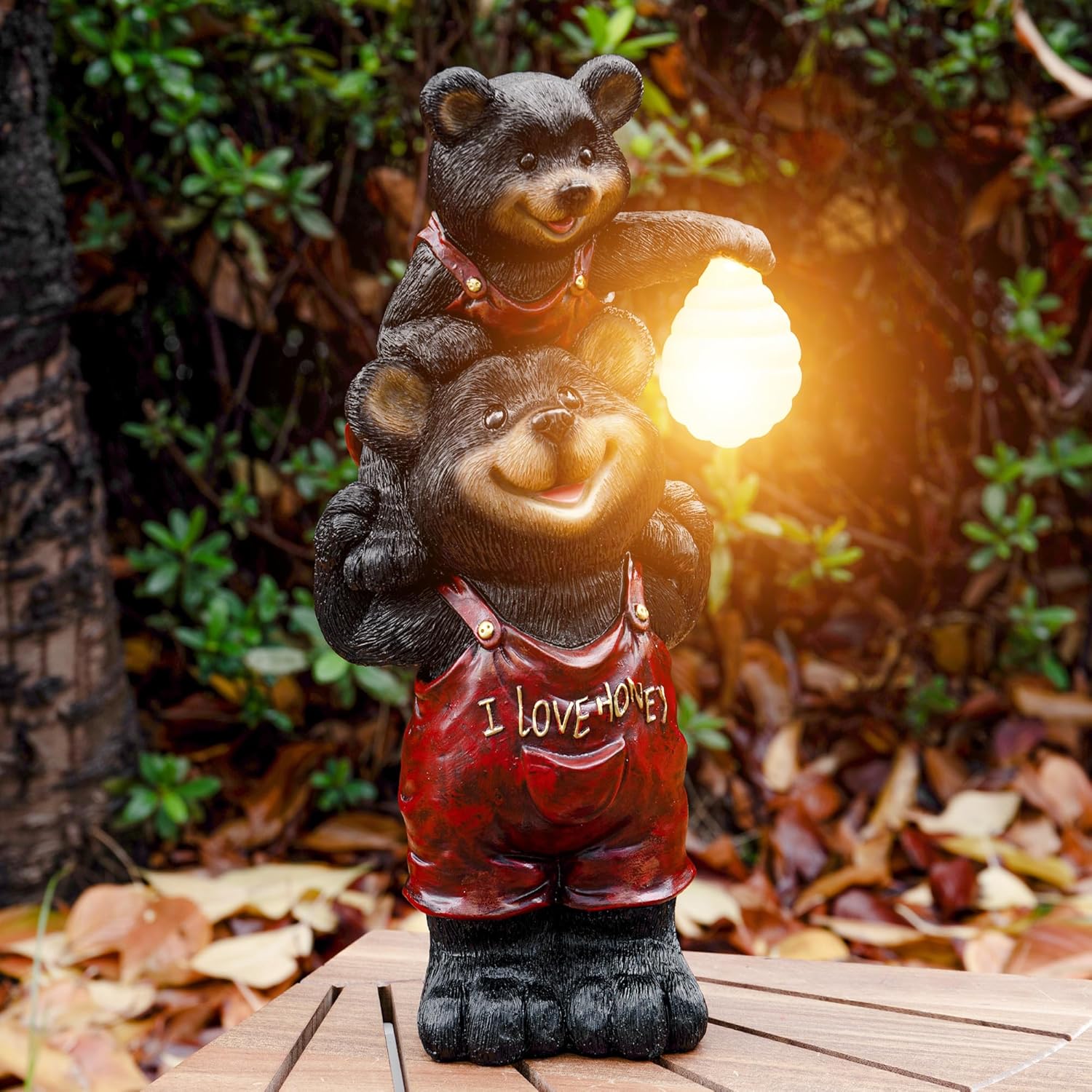 Black Bear Beehive Solar Light Figurine - Outdoor Waterproof Garden Statue - Animal Decor Light - Mother & Baby Bear for Outside - Patio, Yard, and Lawn