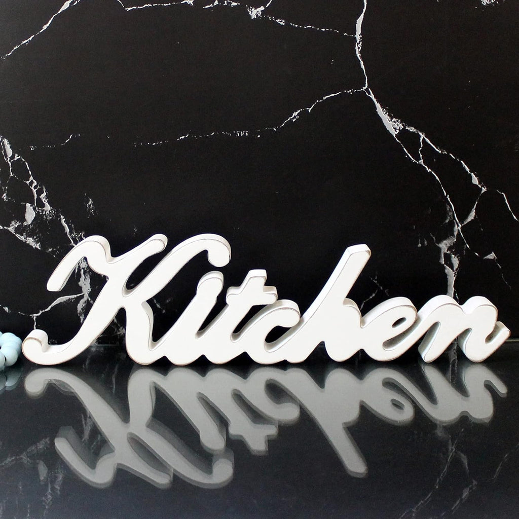 CVHOMEDECO. Rustic Vintage Distressed White Wooden Words Sign Free Standing "Kitchen" Desk/Table/Shelf/Door/Home Wall Decoration Art, 15-1/2 x 4-1/4 x 1 Inch