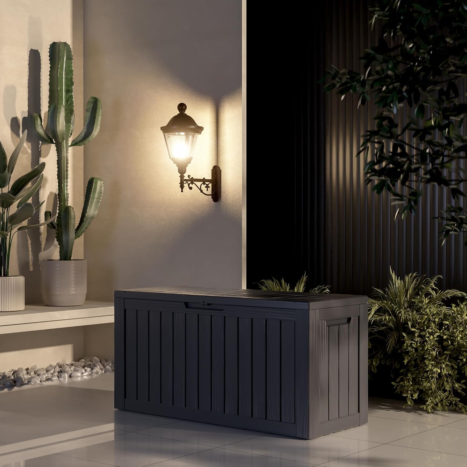 80GAL Black Outdoor Deck Box with Lockable Lid – Waterproof, SGS - Certified UV Resistance, Spacious Storage for Patio Cushions, Pool Accessories & Gardening Supplies, Easy Assembly