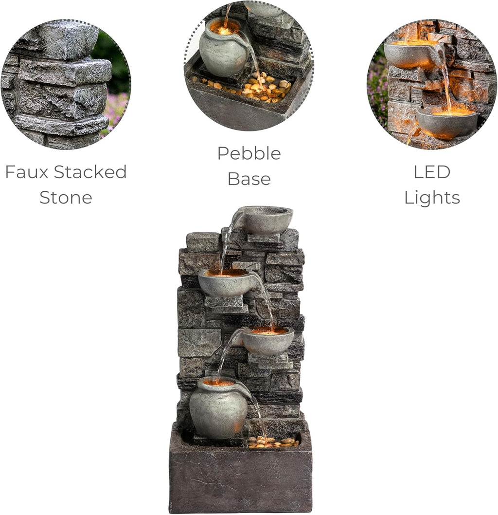 Teamson Home 28.5" Outdoor 4-Tier Stacked Stone Cascading Water Fountain with LED Lights, Gray