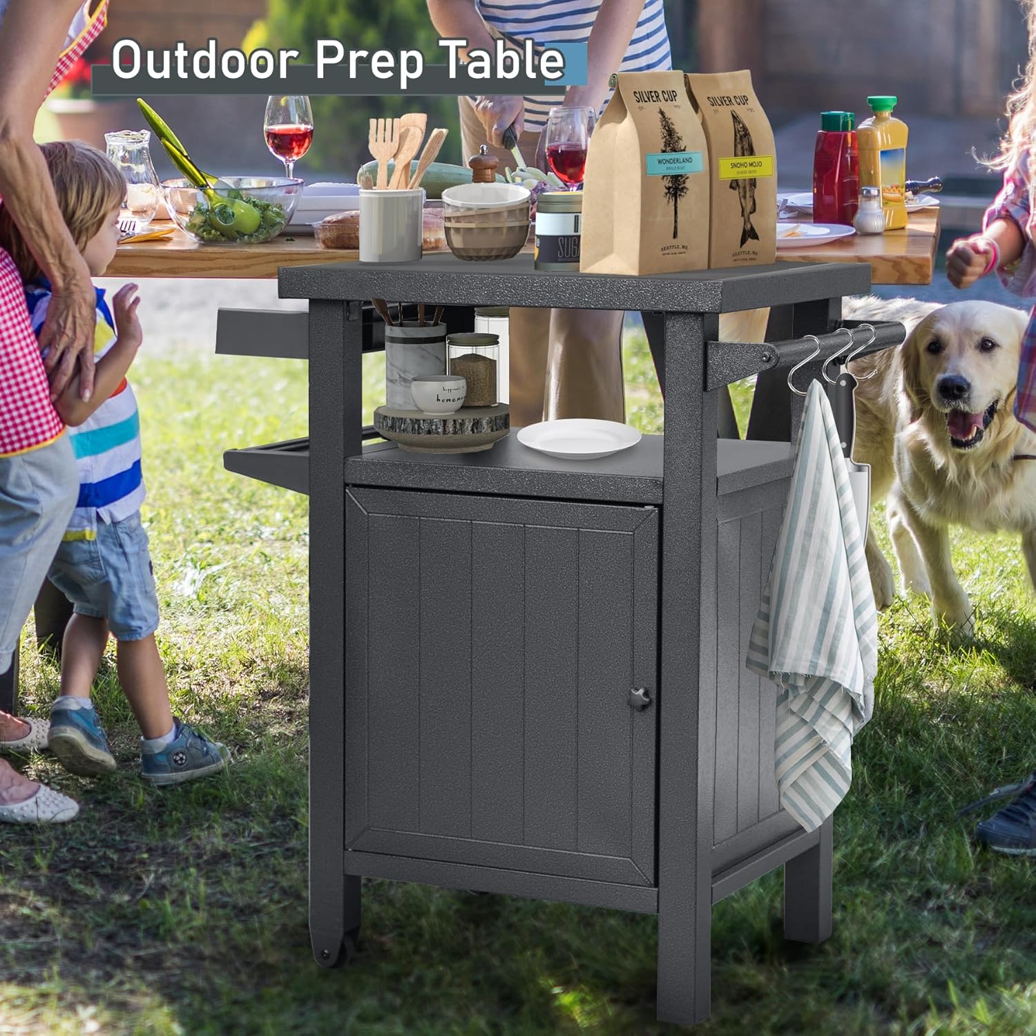 Grill Cart Outdoor with Storage Cabinet, Portable Rolling Patio Bar Cart with Wheels, BBQ Prep Table, Movable Stainless Steel Kitchen Island Dining Cart for Food/Drink/Cooking -Grey