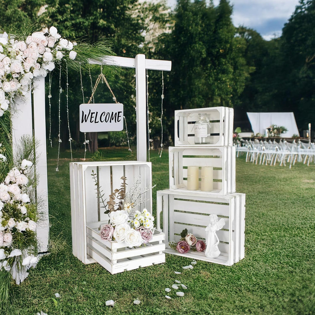 5-Piece Farmhouse Wooden Crate Set - Rustic Wooden Crates for Display and Storage, Large Whitewashed Decorative Crates, Farmhouse Apple Crates, Painted Wood Crates for Decor