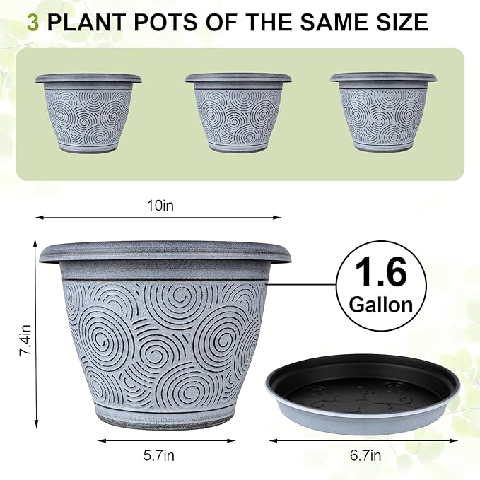 10 Inch Flower Pots Planters for Indoor Outdoor Plants, 3 Pack Plastic Large Plant Pots with Drainage Hole & Tray, Modern Decorative Garden Pot with Saucer, Plant Container for House