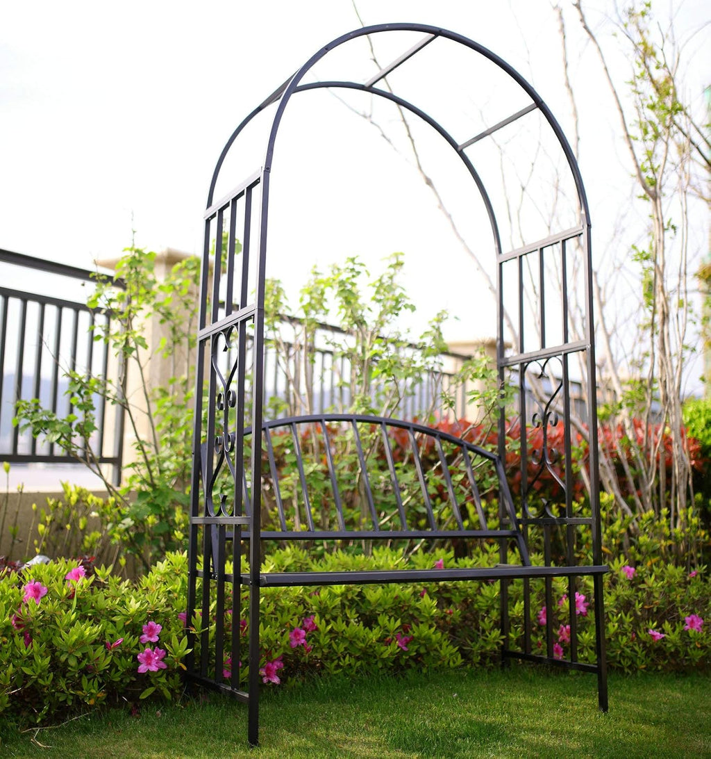 Steel Garden Arch with Seat for 2 People, 6'7" High x 3'7" Wide, Garden Arbor for Various Climbing Plant, Outdoor Garden Lawn Backyard