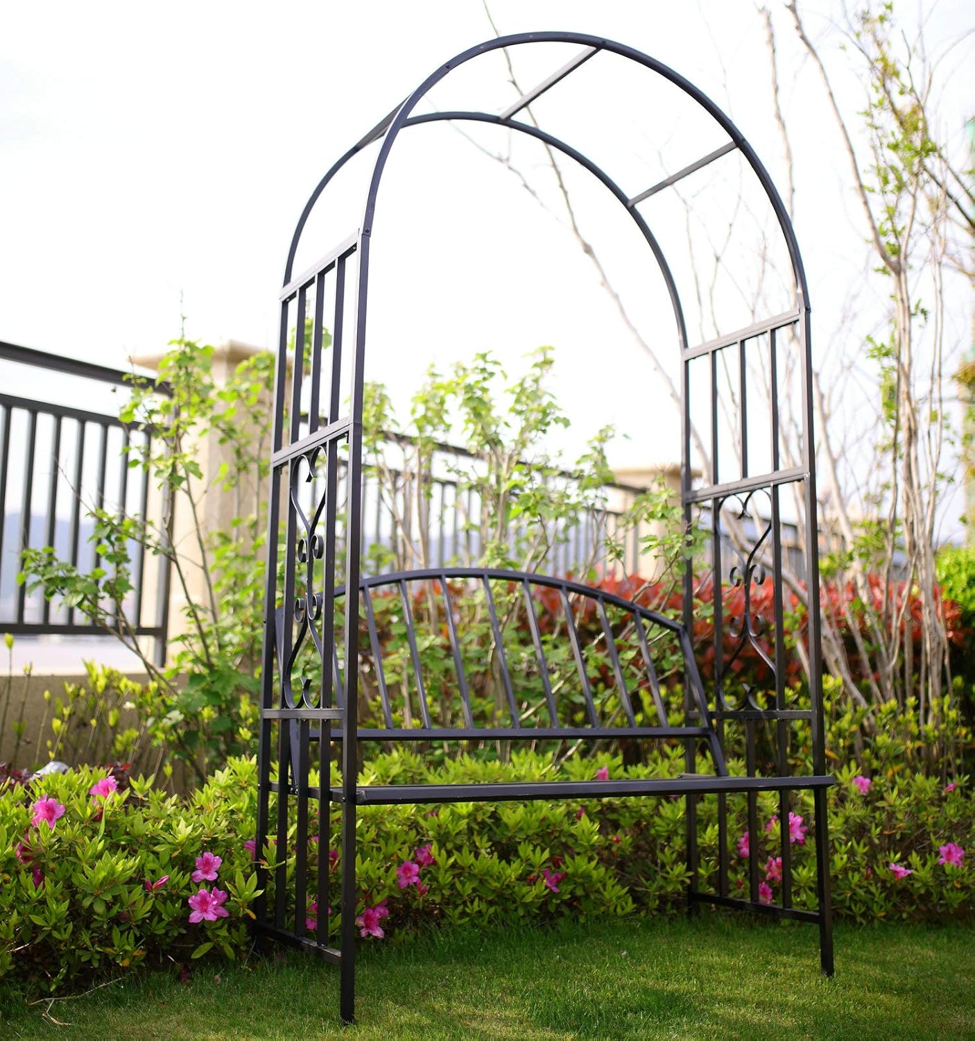 Steel Garden Arch with Seat for 2 People, 6'7" High x 3'7" Wide, Garden Arbor for Various Climbing Plant, Outdoor Garden Lawn Backyard