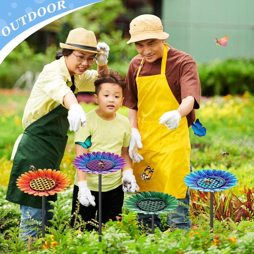 4 Pack Large Bee Watering Station 8.8'' for Bee Garden Anti Drowning Metal Pollinator Water Feeder Flower Butterfly Bath Bowl Colorful Bird Gardening Decoration, Rust Proof