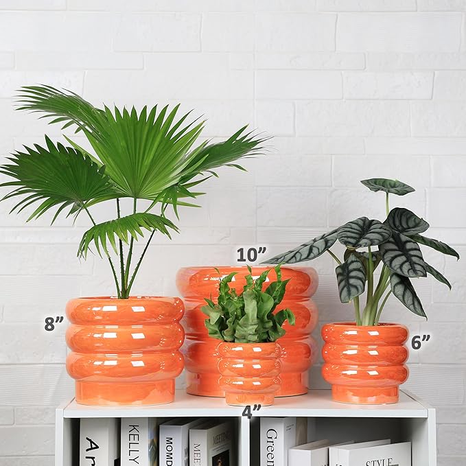 10 inch Ceramic Plant Pots for Indoor Plants, Rainbow Pearl Glaze Planter with Planters for Plants with Drainage Hole, Orchid Pots, Succulent Pot,Large Flower Pot (Orange)