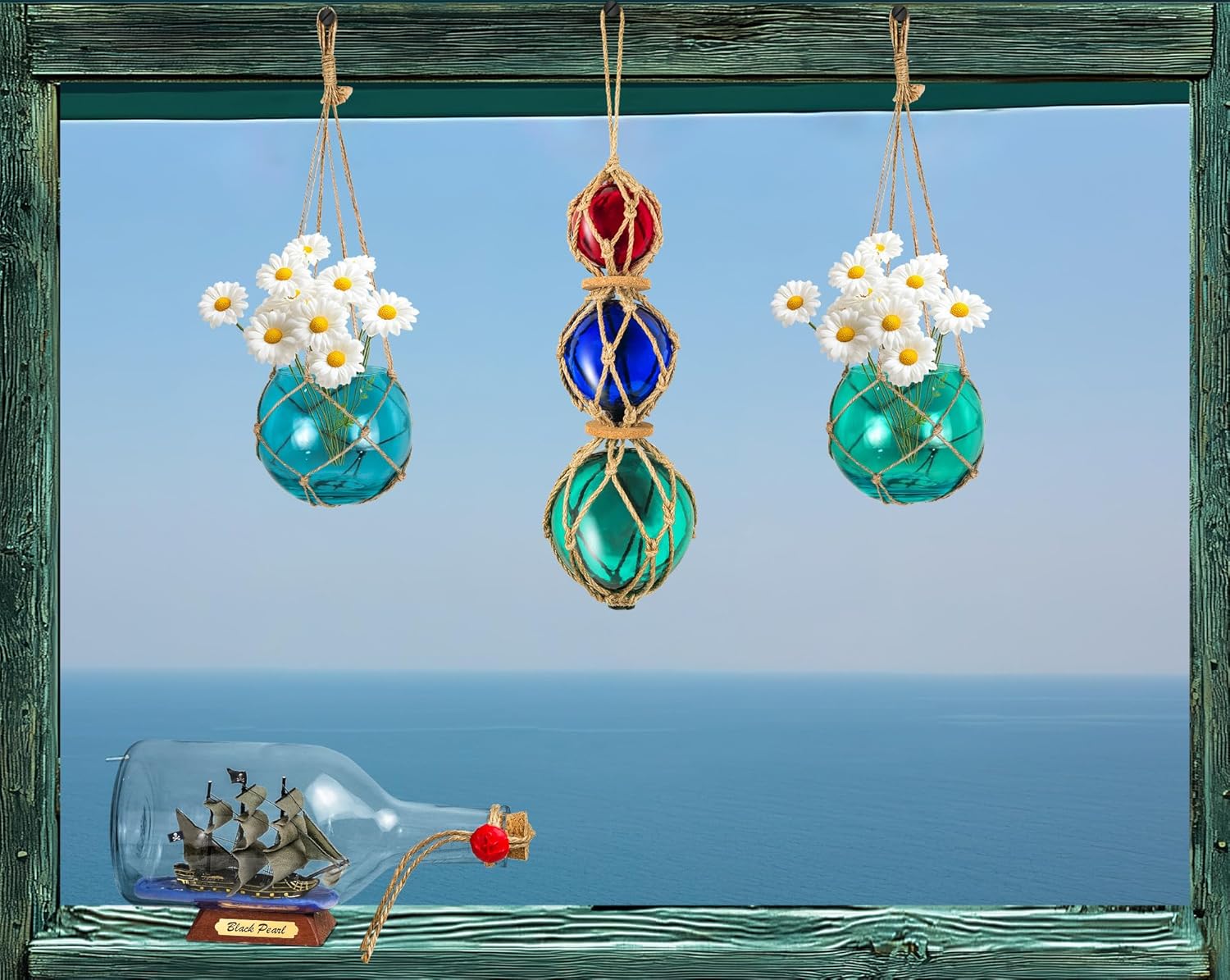 SAILINGSTORY Hanging Glass Plant Terrarium 5" Glass Planter Propagation Stations Flower Vase Blue and Teal Set of 2 Pack