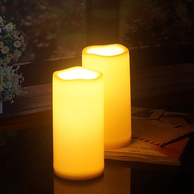 Waterproof Outdoor Flameless Candles with Remote, Set of 2, Large 4” x 8” Battery Operated Electric LED Pillar Candle Set for Home Décor Party Wedding Supplies Garden Christmas Decoration Gift