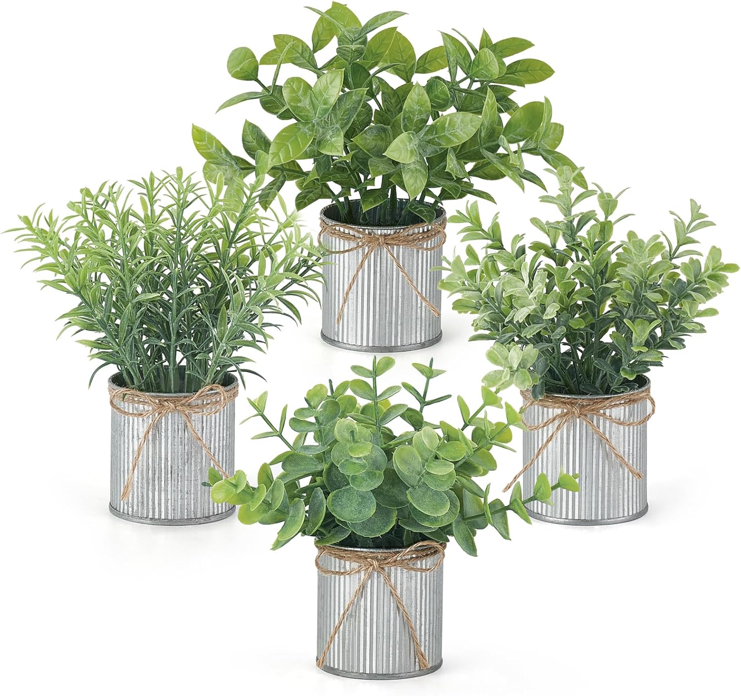 Mkono 4 Packs Small Fake Plants in Farmhouse Galvanized Pots Table Centerpiece Mini Potted Artificial Plants Faux Eucalyptus for Shelf Office Rustic Home Decor