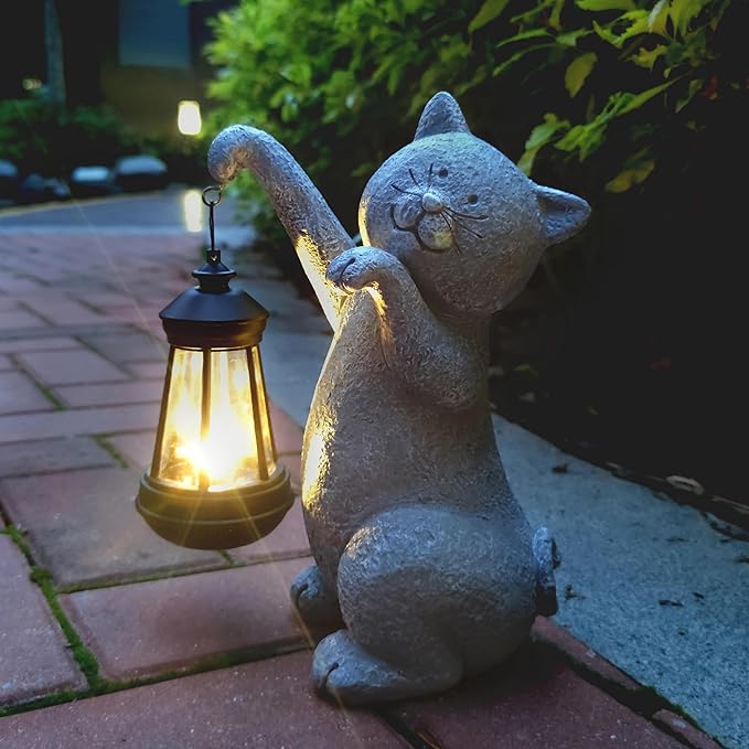 Cat Solar Garden Statues,Resin Cat Figurine Decorations with Solar Lights Lantern, Outdoor Figurines Lawn Cats Statue Decor Art for Lawn,Yard, Balcony Ornament,Gift for Garden Home Mom.