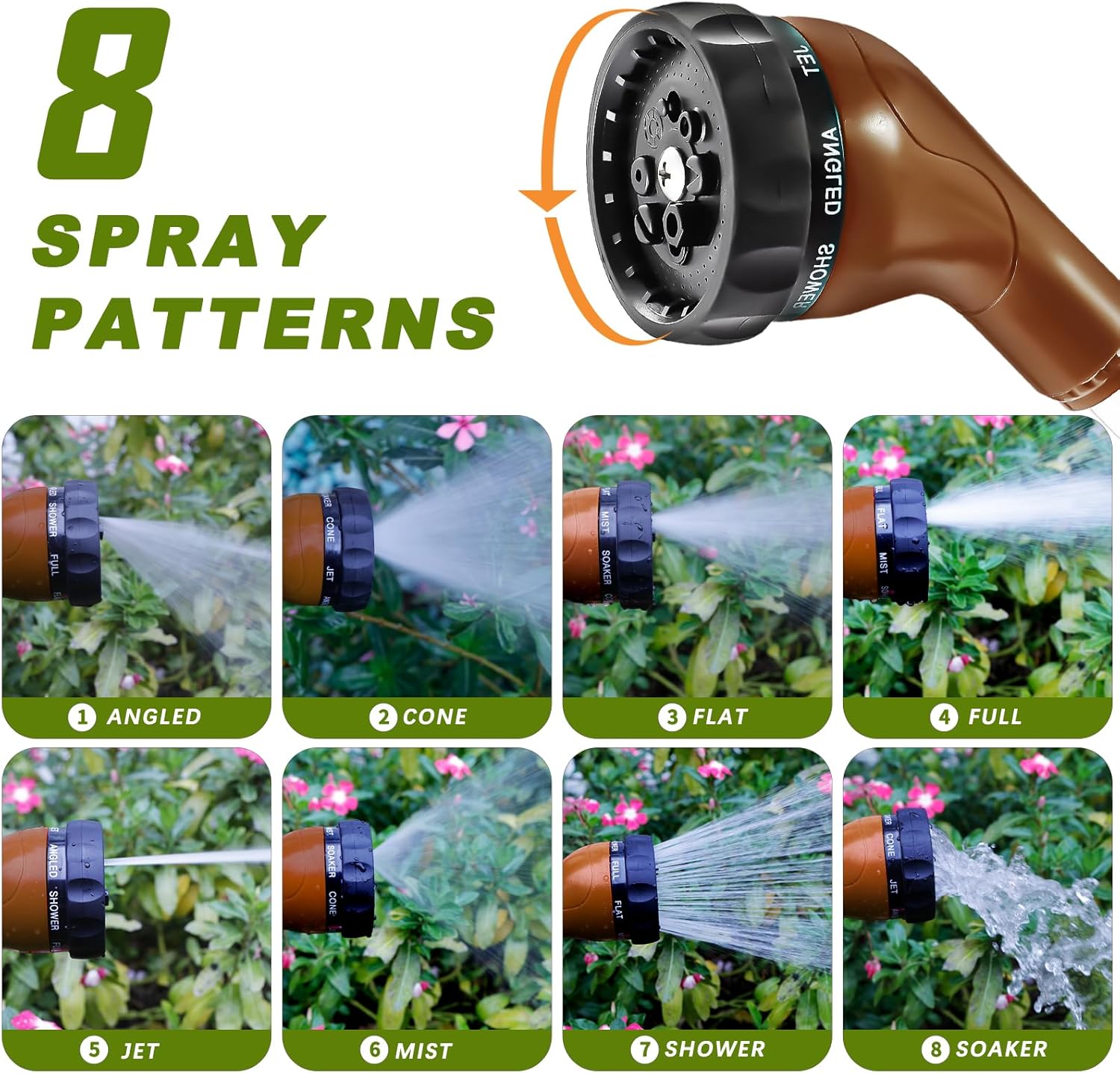 GREEN MOUNT Watering Wand, Heavy Duty Garden Hose Wand with 8 Spray Patterns, 16-Inch Hose Sprayer Nozzle with Flow Control, Ideal for Lawn and Garden Use, Bronze