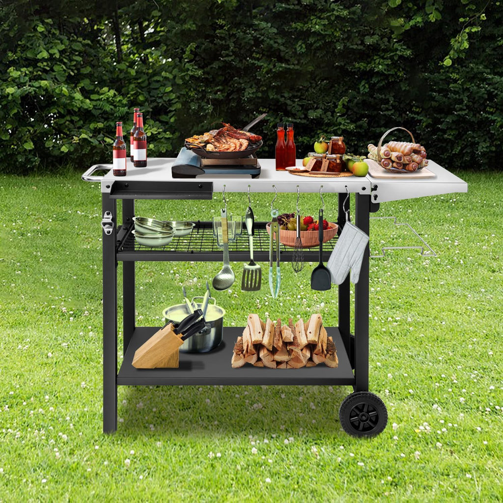 EDOSTORY Outdoor Grill Cart Pizza Oven Stand, Three-Shelf Stainless Steel Food Prep Table Patio BBQ Grill Table Bar Cart Kitchen Island with Wheels