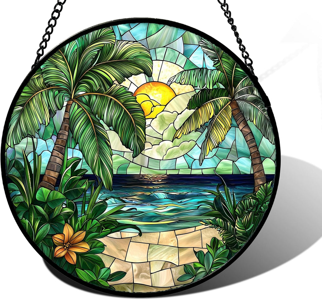Stained Glass Window Hanging, Green Beach Scenery Suncatcher Diamond Glass Panel Hangings Sun Catchers Decor for Birthday for Women, Men, Wife, Aunt, and Mom 7.8 in