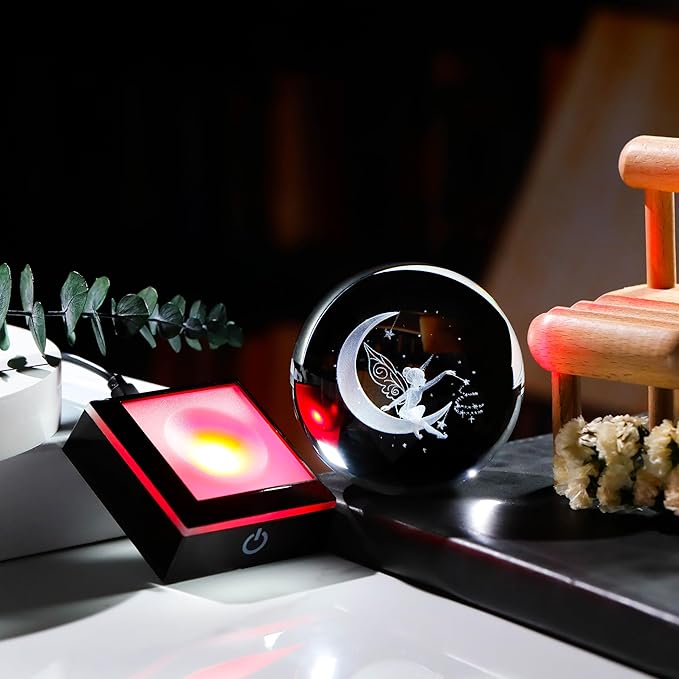 Qianwei Moon Fairy 3D Crystal Ball Laser Engraved Fairy Glass Ball Fairy Night Light Decorative Globes 3D Crystal Moon Sphere Fairy Gifts for Girl Her Fairy Lover