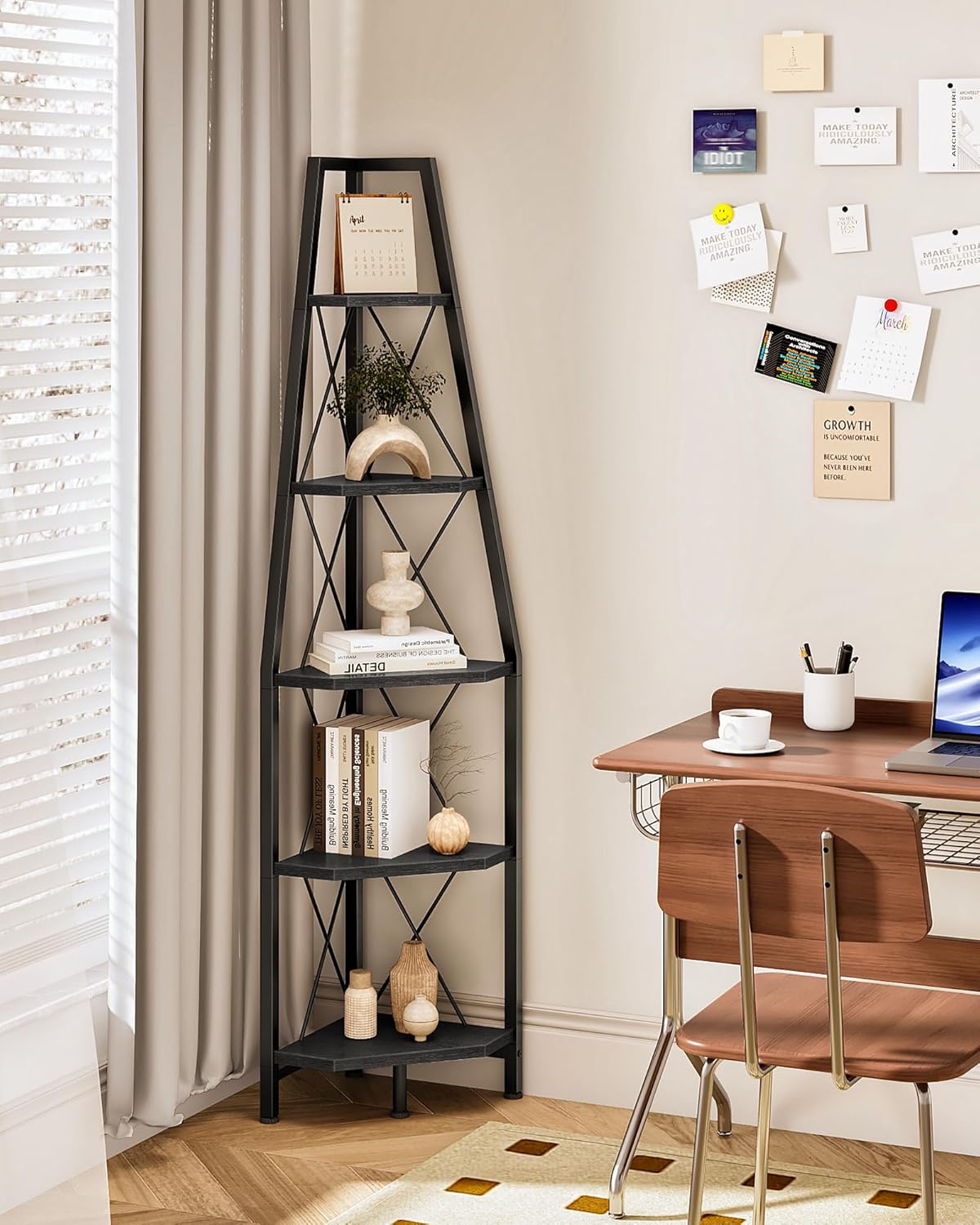5-Tier Corner Shelf, Corner Bookshelf, Ladder Shelf, Floor Standing Storage Rack, Open Display Stand, Plant Stand, for Living Room, Bedroom, Study, Bathroom, Black TCJ22BB