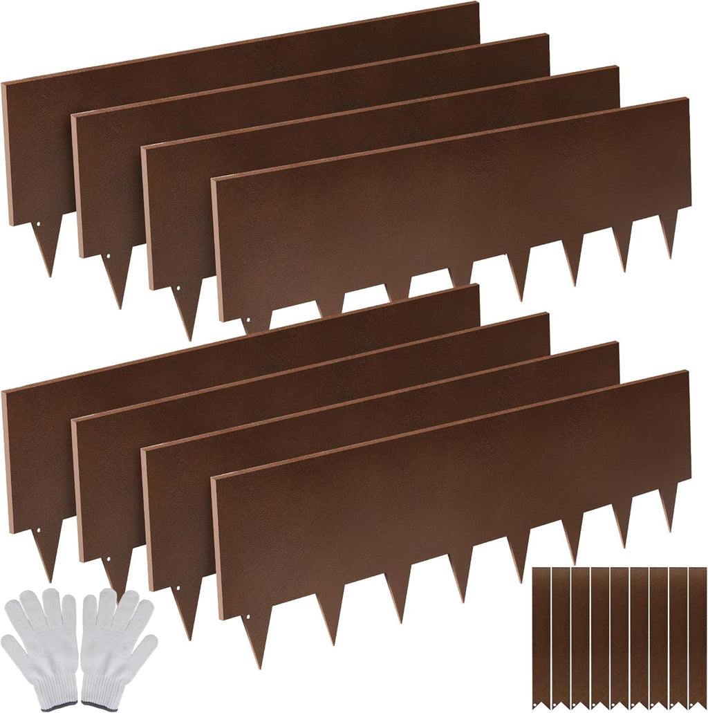 Solution4Patio 8-Pack Galvanized Steel Landscape Edging with Brown Textured Finish – 40" L x 10" H Hammer-in Metal Border Strips with 9 Clips & Gloves – Durable Garden Edge for Lawn, Yard, and Pathway