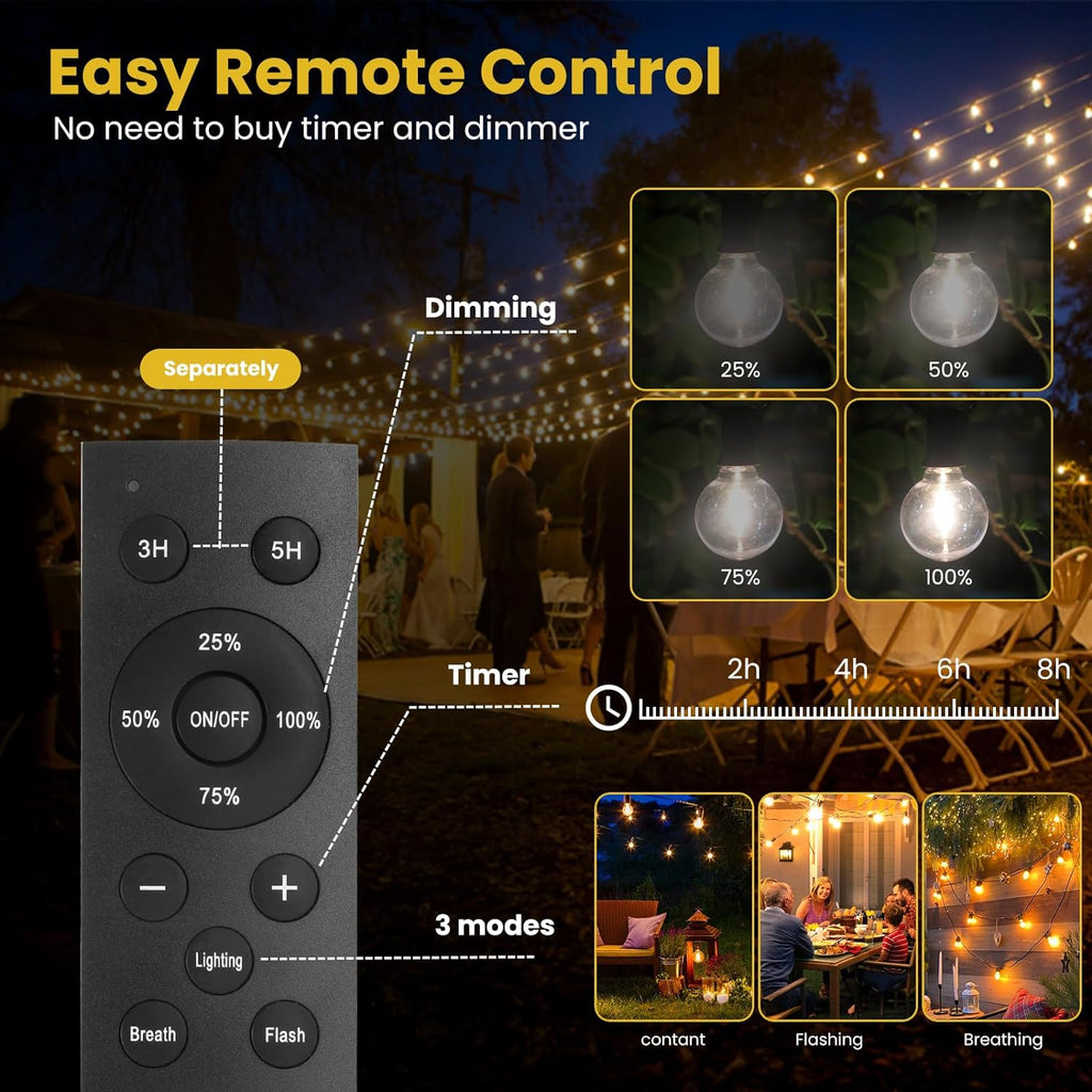 200FT Solar String Lights Outdoor Waterproof with Remote,G40 Solar Powered String Lights with 60+3 LED Shatterproof Bulbs, Dimmable Solar Patio Hanging Lights for Outside Backyard Party