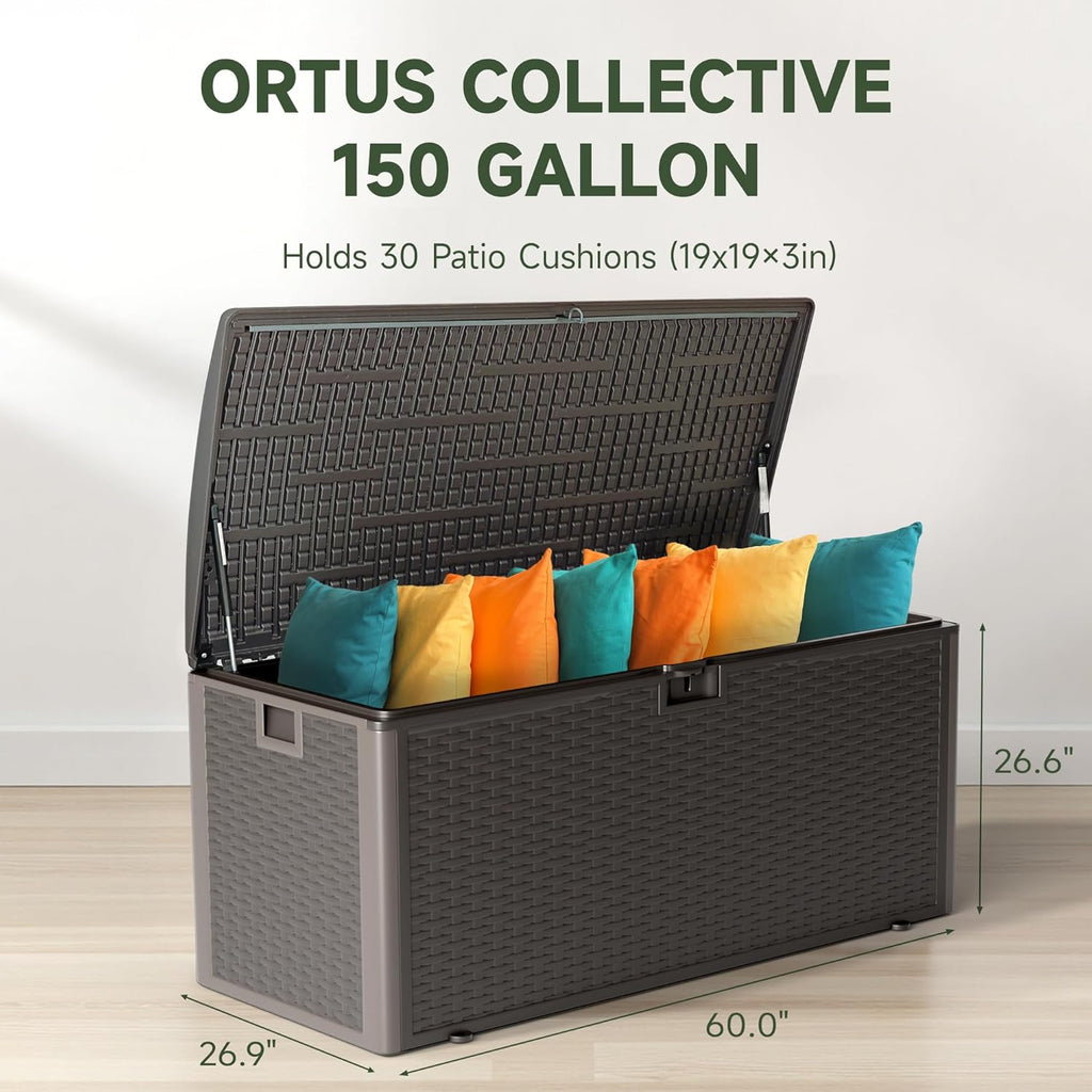 150 Gallon Deck Box, Double Layer Waterproof Resin Outdoor Indoor Storage Box, Lockable & UV Resistant Storage Bin for Patio Furniture, Garden Tools, Pool Accessories (Brown)