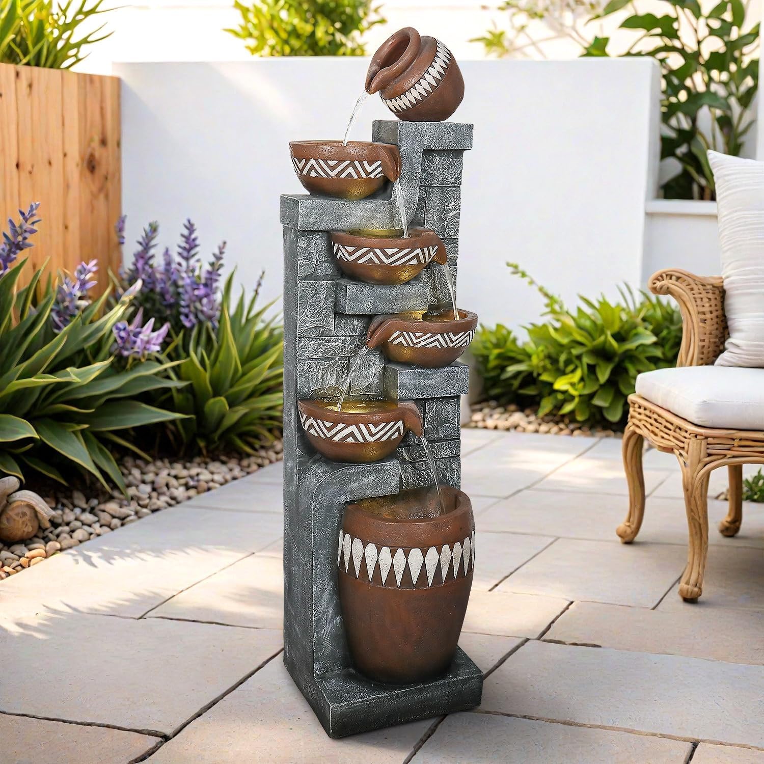 56.6in High Outdoor Indoor Water Fountain, 6-Tiered Poly-Resin Waterfall Fountain with LED Lights, Decorative Floor Standing Fountain for Garden, Patio, Yard, Home Decor