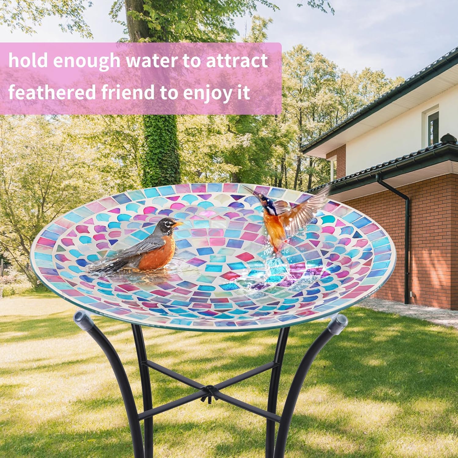 MUMTOP Mosaic Glass Bird Baths, 14 Inch Width Outdoor Garden Bird Bath Bowl with Metal Stand, Unique Glass Birdbaths Bird Feeder for Yard Decor, 19.68 Inch Height