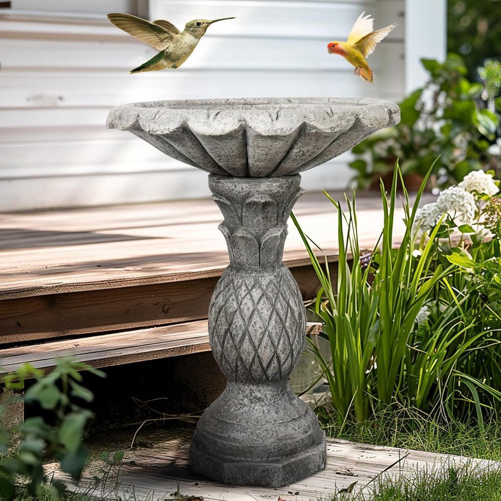 SunJet 24.8 Inch Heigh Concrete Bird Bath with Pineapple Texture – birdbath Sturdy & Elegant Design, Vintage Freestanding Style, Attracts Birds and Enhances Garden, Patio, Yard, Lawn Décor