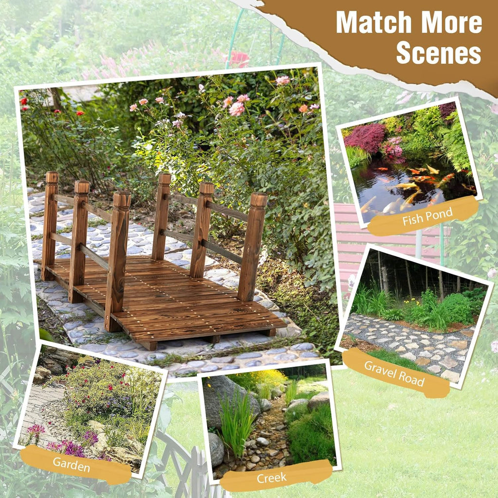 Giantex 5 ft Garden Bridge - Stained Wood Arc Footbridge Walkway with Side Railings, Decorative Wooden Bridge Landscaping for Backyard Farm Garden Creek Pond Decor, Easy to Assemble (Stained Brown)
