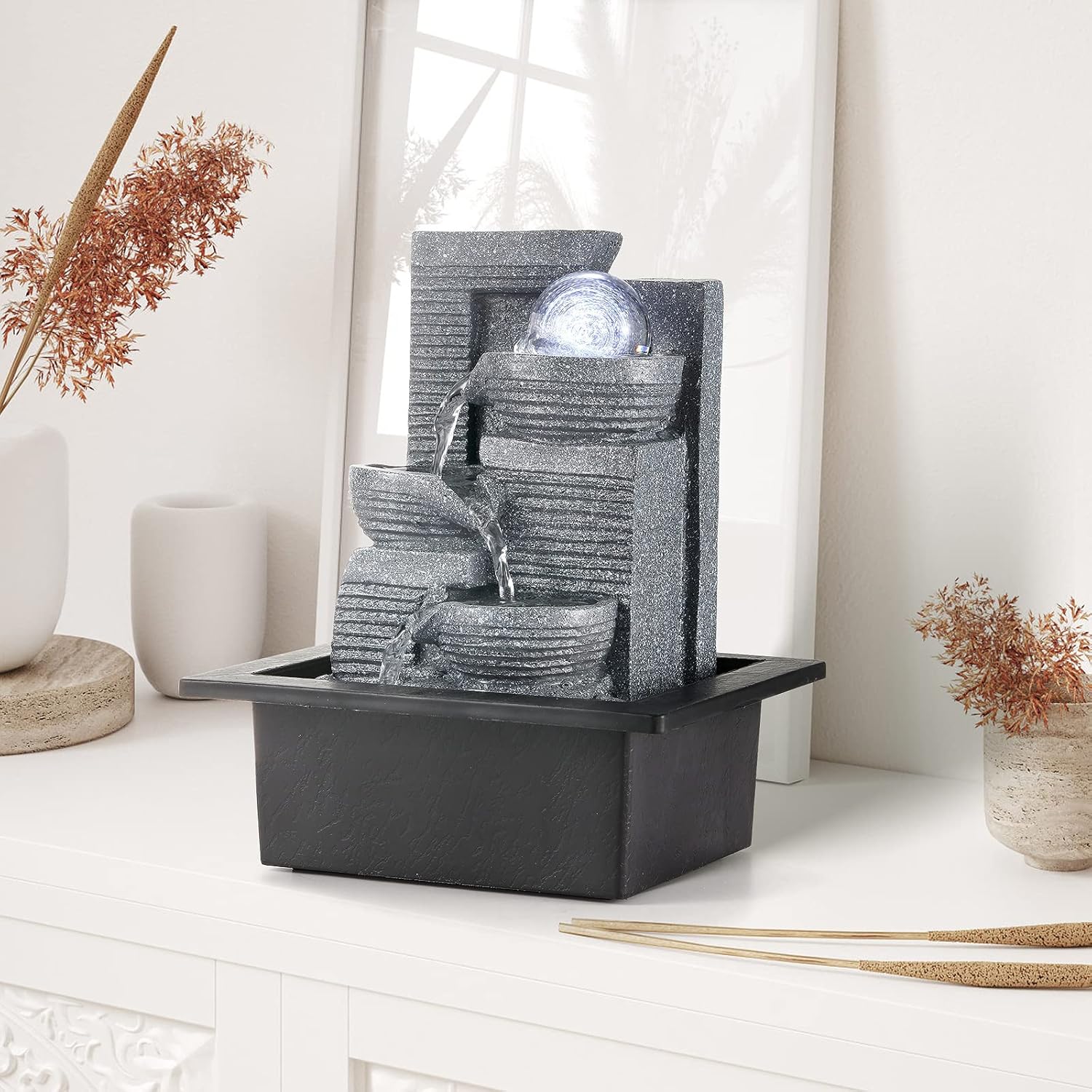 WICHEMI Water Fountains Indoor Waterfall Fountain Tabletop Fountain with LED Light Water Feature Indoor Zen Meditation for Home and Office Indoor Spaces Decor (Style 7)